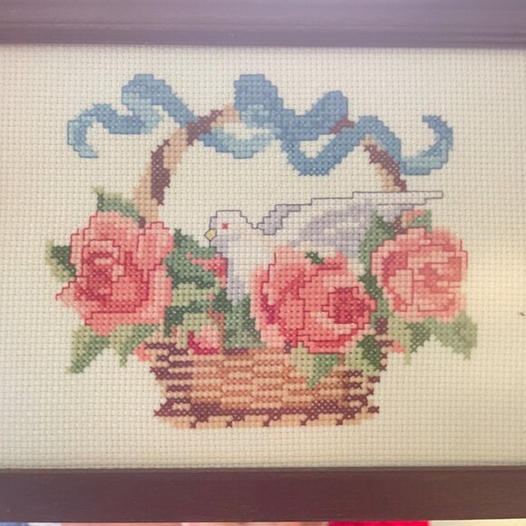 Vintage Wooden Framed Mirror With Handcrafted Cross-Stitch Rose & Dove Design - Picture 14 of 15